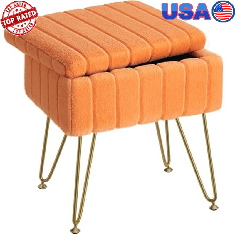 Faux Fur Vanity Stool W/ Storage Soft Ottoman Makeup Bedroom Living Room New