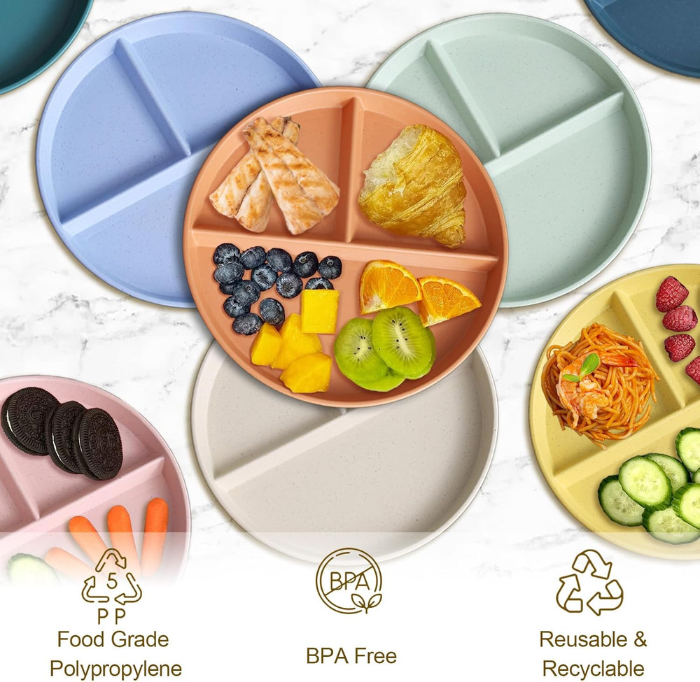 Divided Plates for Adults (8 Packs) Unbreakable Portion Control Plate Sectioned
