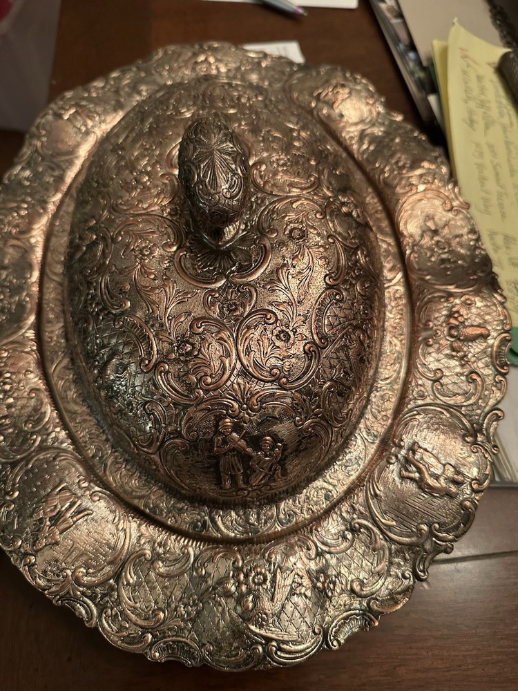 Antique Silver on Copper Oval Covered Repousse Serving Dish from E.G. Webster