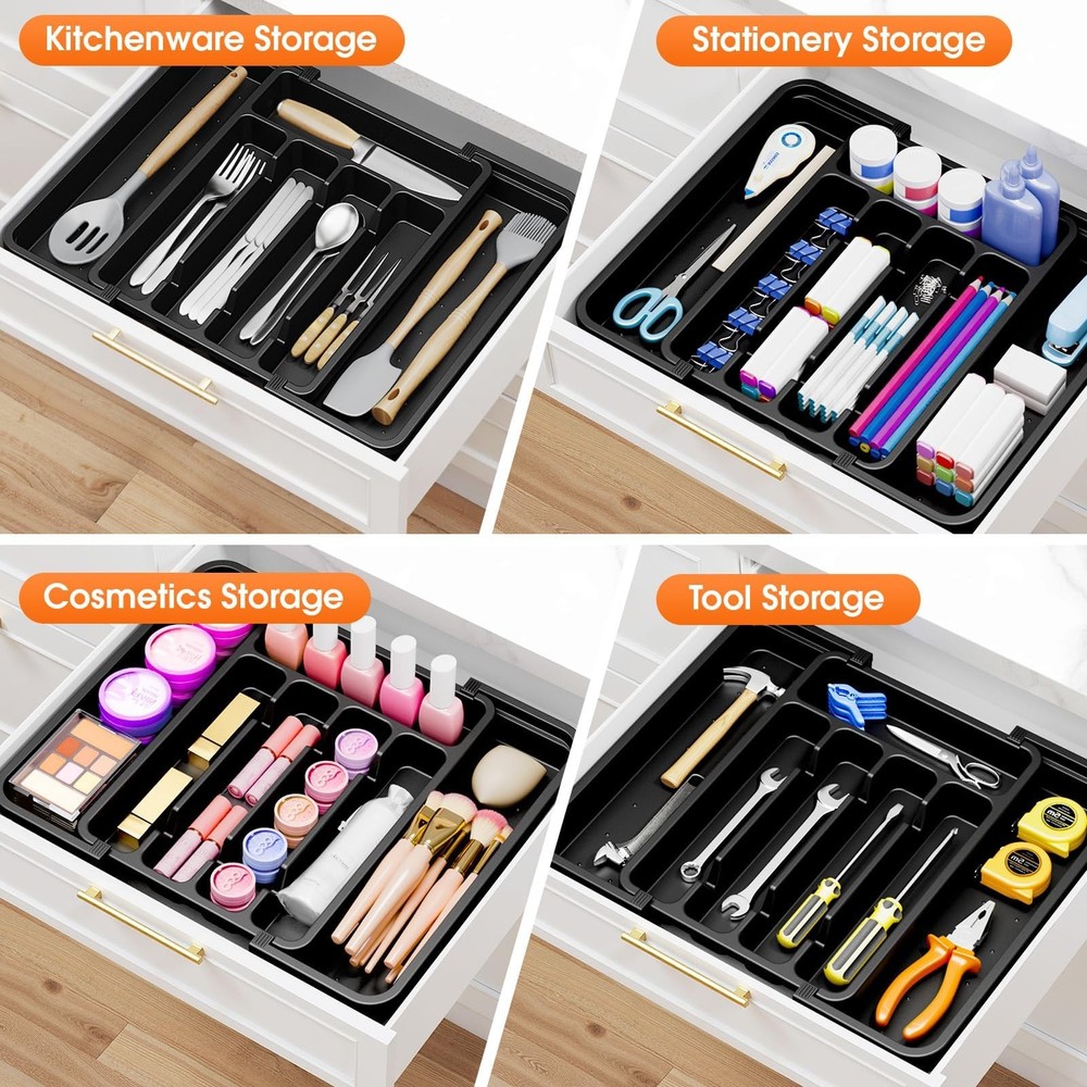 SpaceHacks Silverware Organizer，Adjustable & Expandable Utensil Medium, Black