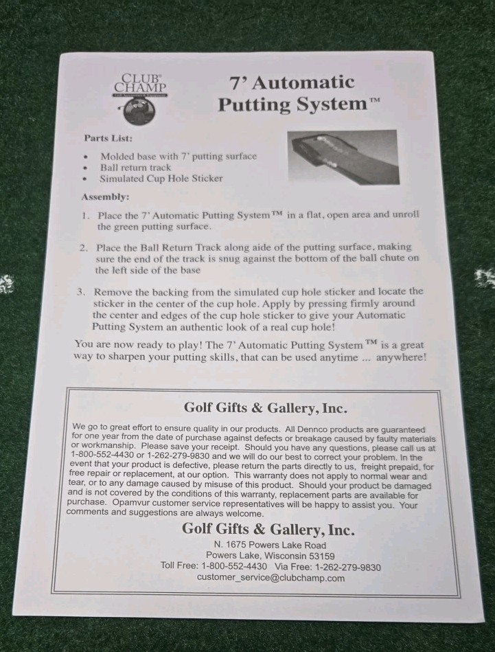 Club Champ Automatic Golf Putting System GRAVITY Feed 7 Ft Black & Green