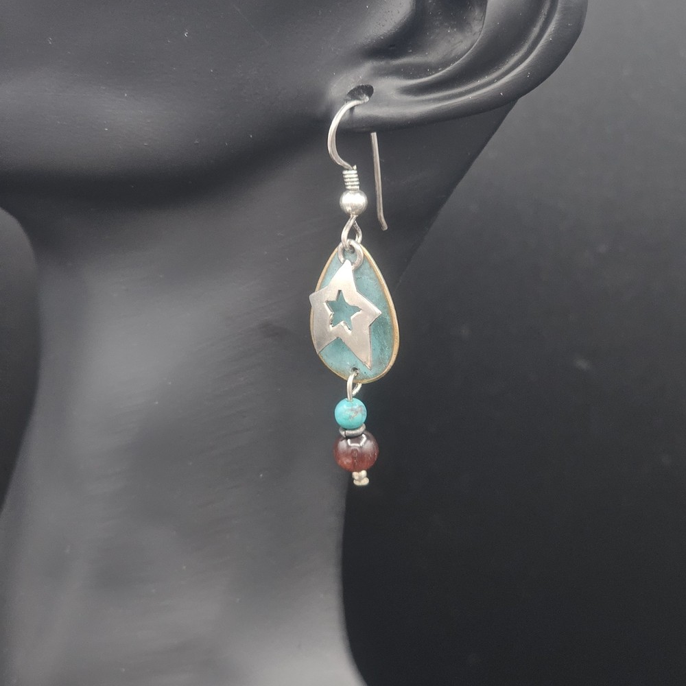 Far Fetched Sterling Silver & Brass Star Dangle Earrings – Turquoise & Jasper...