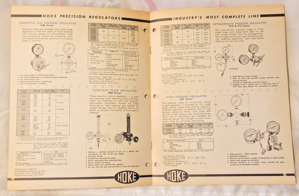 1960s HOKE Precision Pressure Regulators 8 page Sample Catalog