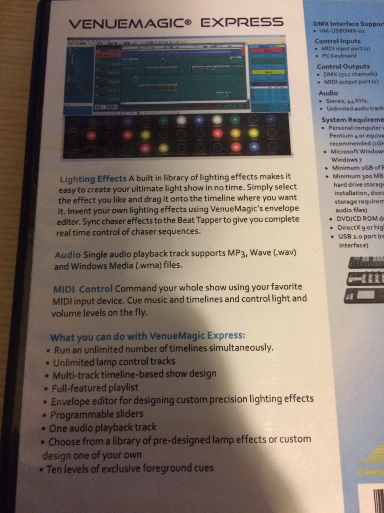 VenueMagic Express Software VMEX21-SO (1 Universe) DMX Lighting Audio MIDI