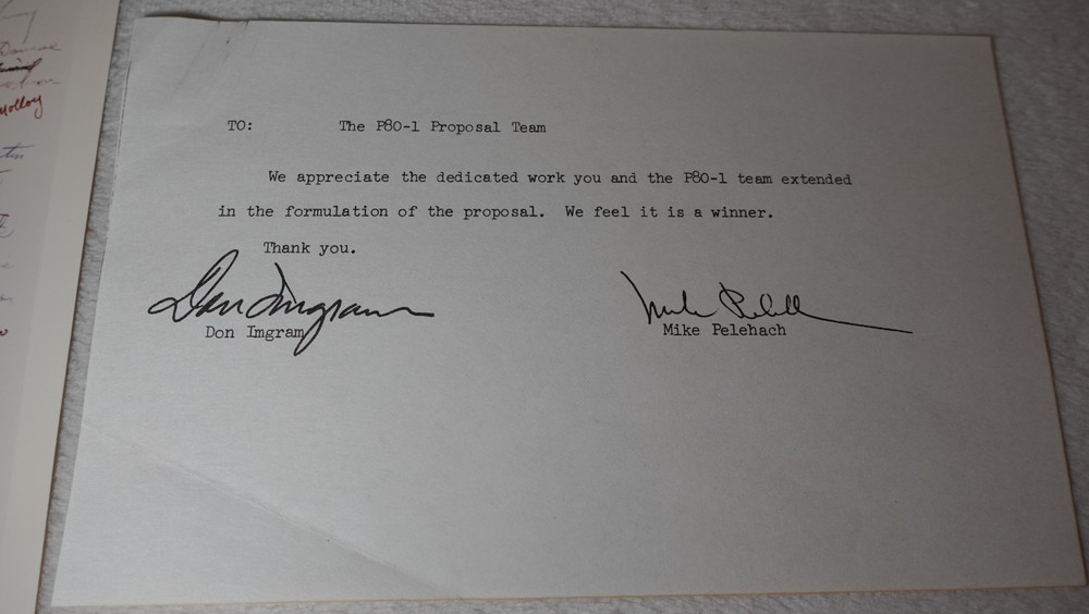 P80-1 Teal Ruby Proposal Team Photo Grumman Don Imgram Mike Pelehach SIGNED Note