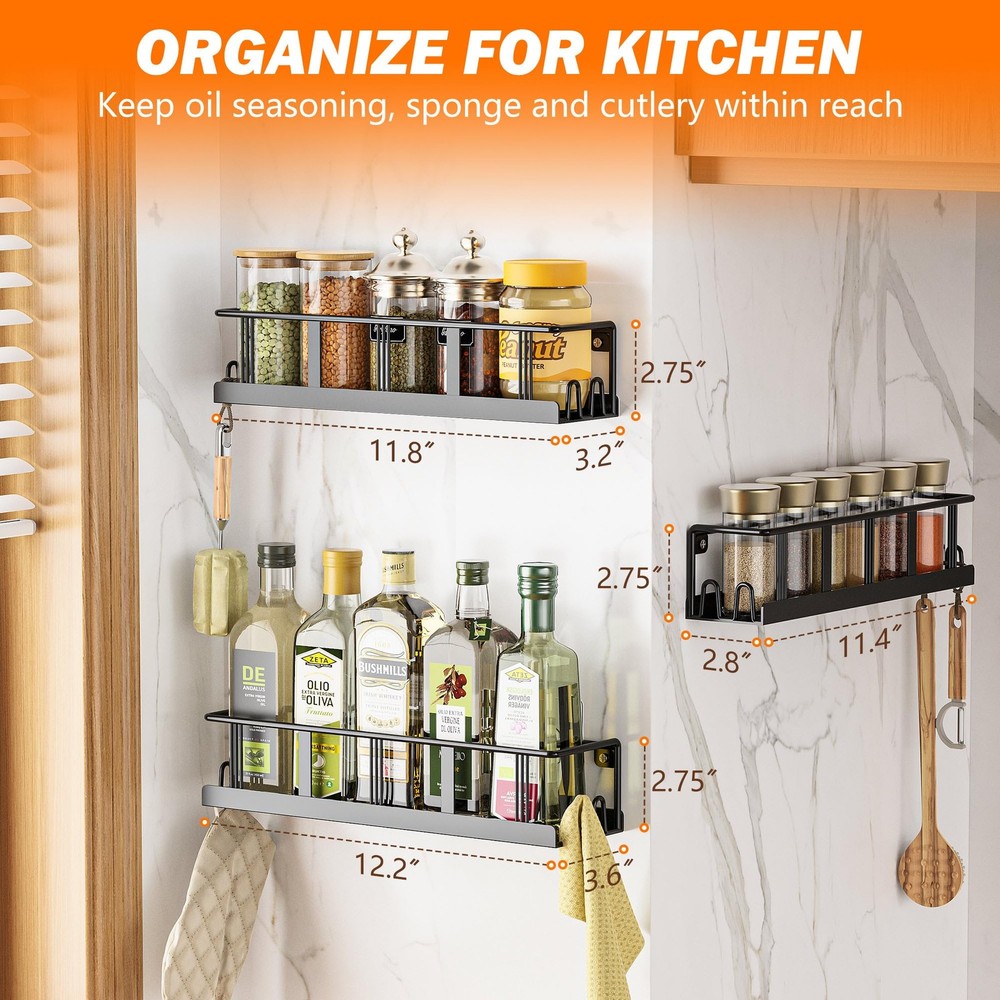 Bunoxea Spice Rack Wall Mounted 3 Pack, Space-Saving 3 Black