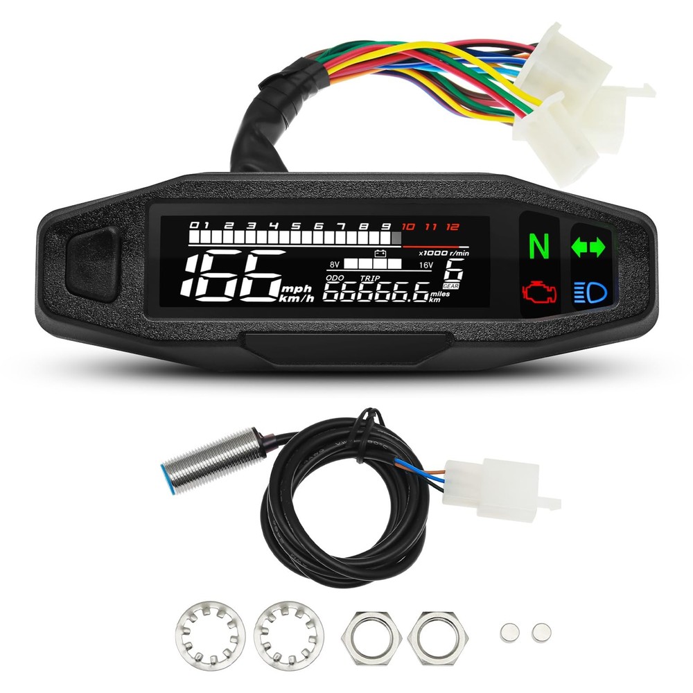 Motorcycle Digital Speedometer, Tachometer with LCD Display, Indicator, Rear...