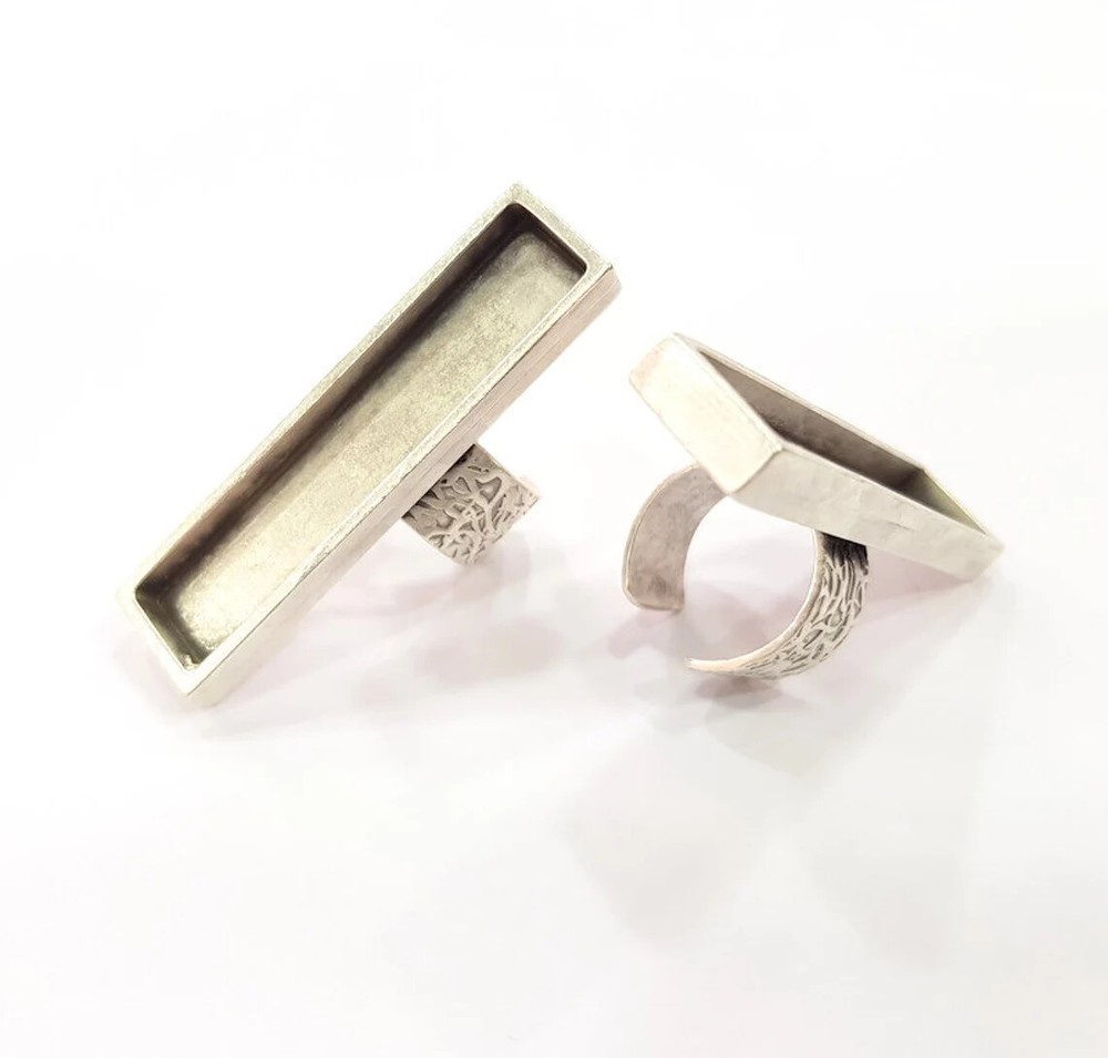 Rectangle Blank Ring Setting Base Bezel inlay Backs Cabochon Adjustable Silver