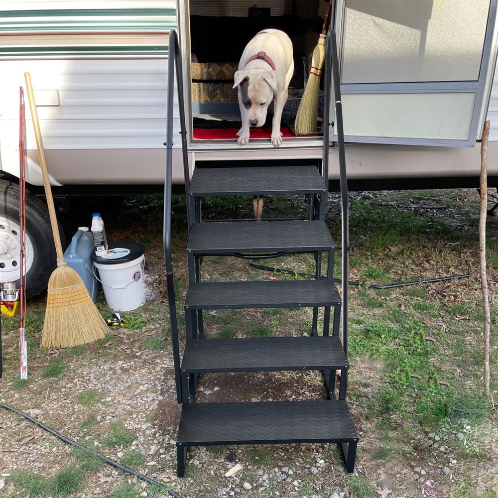 5-Step Ladder RV Steps w/ Handrails Mobile Home Stairs for Travel Trailer Camper