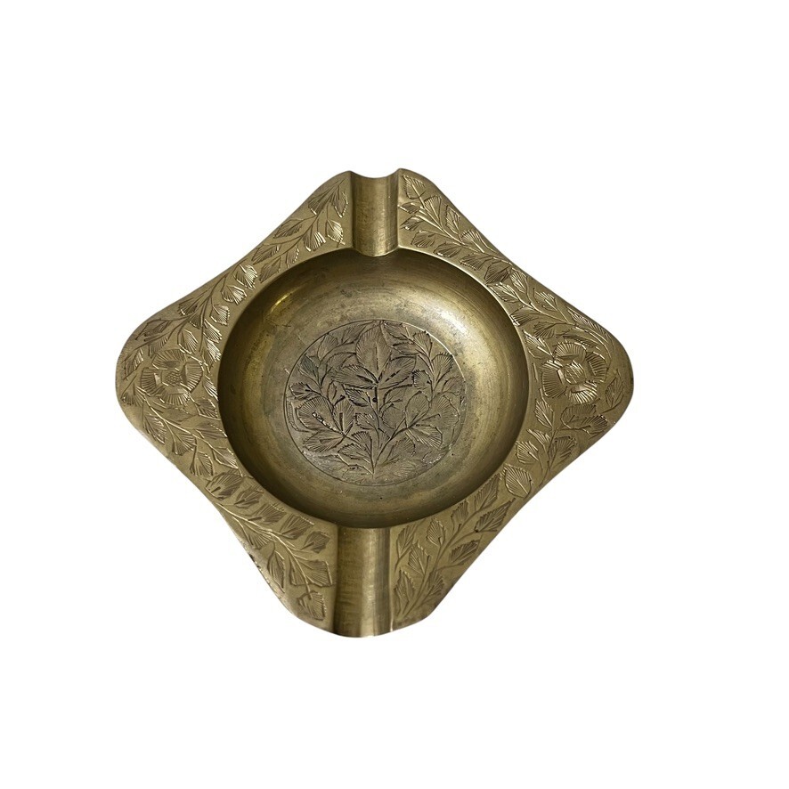 Solid Brass Engraved Leaf Pattern 4" Square Ashtray Coin Tray Made India W1288