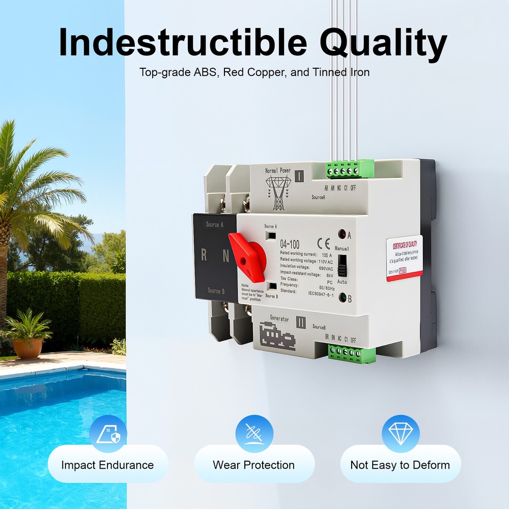 DIN Rail Mount Dual Power Transfer Switch, 2P 100 Amp Automatic Transfer Switch