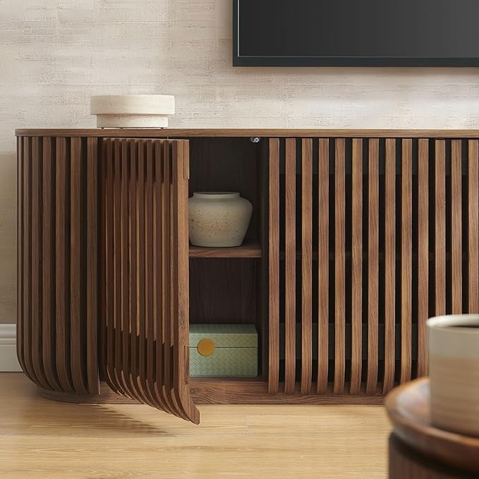 Modway Fortitude 75" Fluted Curved Sideboard Buffet with 4 Doors, Walnut