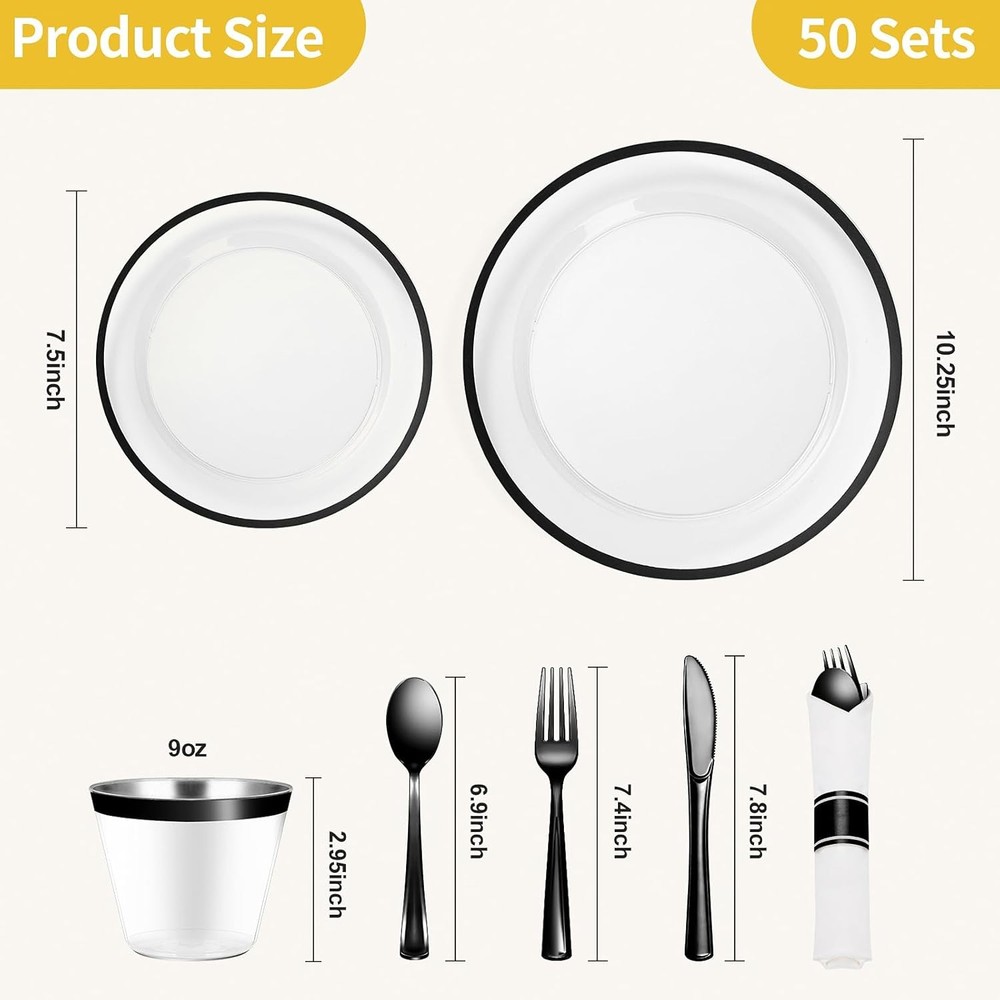 350 Piece Black Plastic Dinnerware Set for Party, Clear Disposable Plates