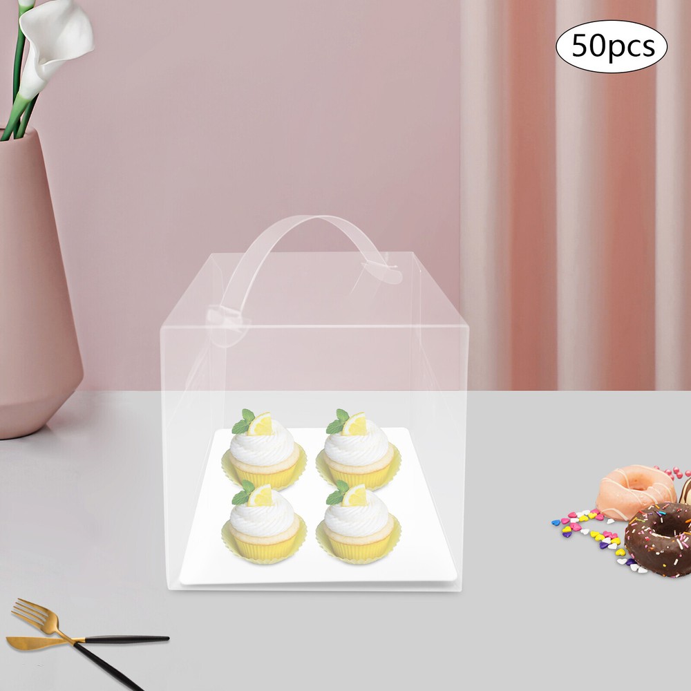 50 Count Clear Cake Boxes Set - Square Design with Sturdy Handle US