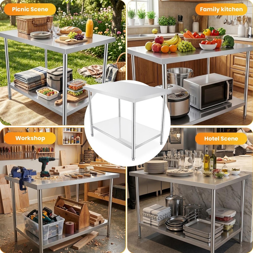 Stainless Steel Work Table 48"/72" Prep Worktable Workbench for Kitchen Garage