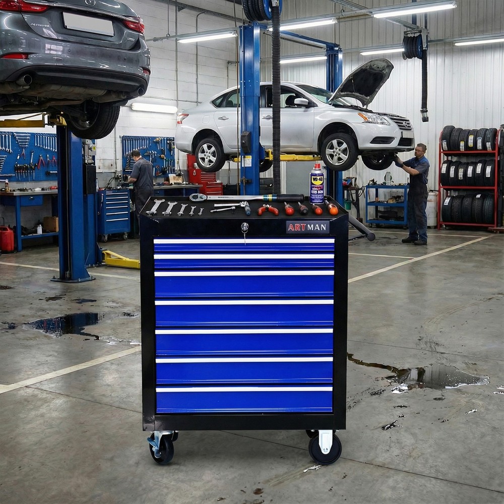 7 DRAWERS MULTIFUNCTIONAL TOOL CART WITH WHEELS-BLACK+BLUE