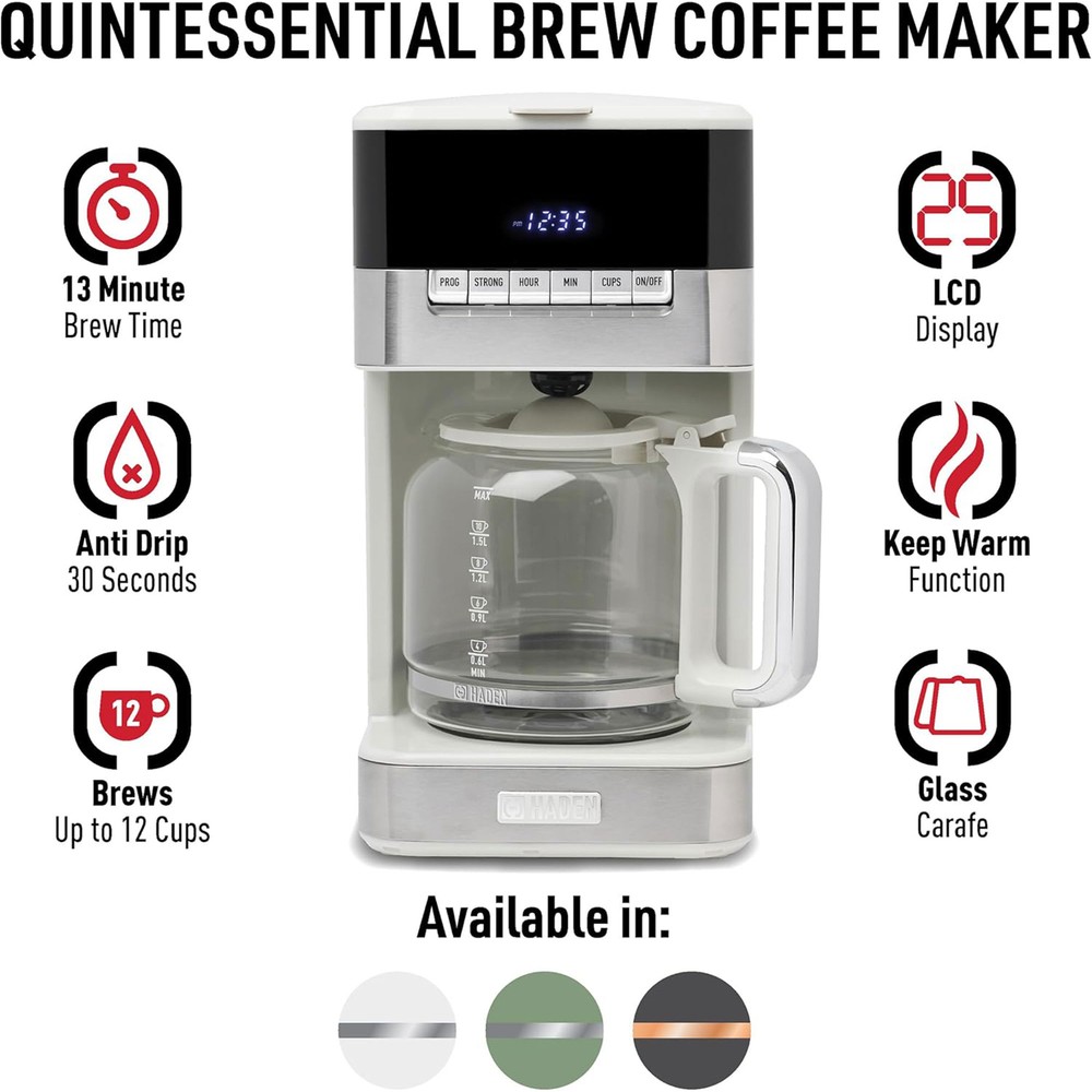Haden Quintessential 12 Cup Programmable Digital Coffee Maker, Ivory/Chrome