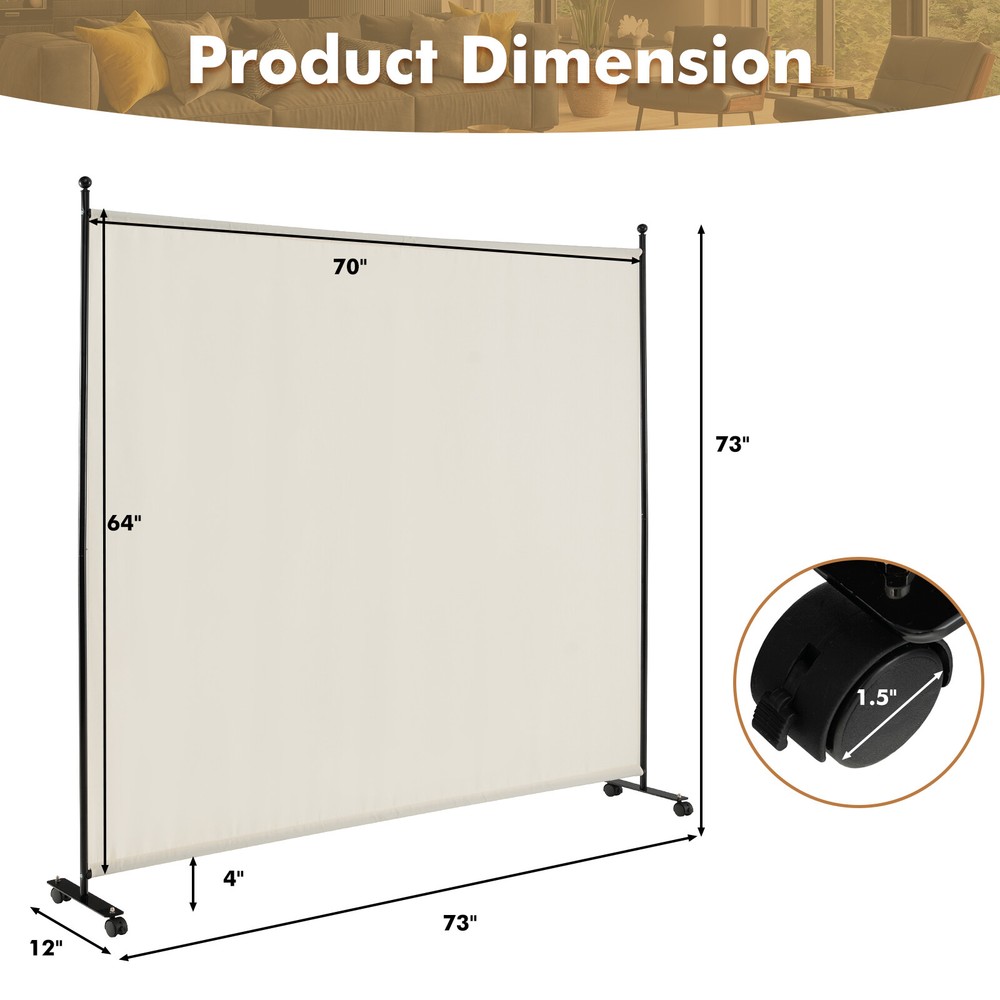 6FT Single Panel Room Divider w/ Wheels Rolling Fabric Partition Privacy Screen