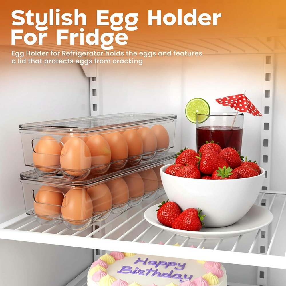 Egg Container with Lid and Handle for Refrigerator Organization- Pack of 2 - Cle
