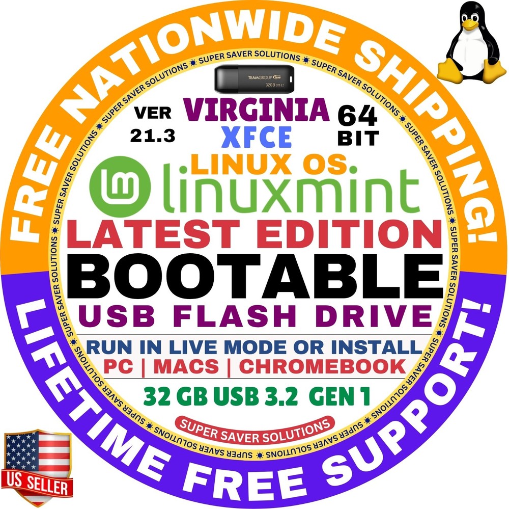 Linux MINT 21.3 USB VIRGINIA XFCE 64-Bit Live Boot, Full Install for MAC, PC