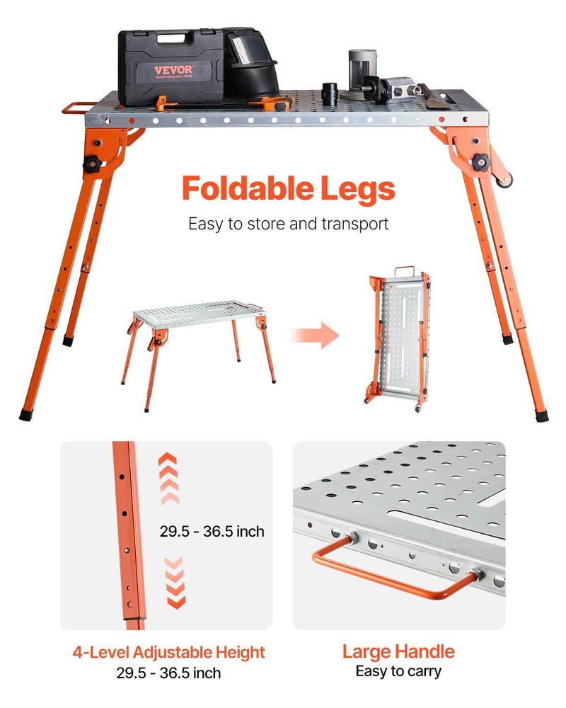 44" x 21" Welding Table Folding -500LBS Workbench with 4-Level Adjustable Height