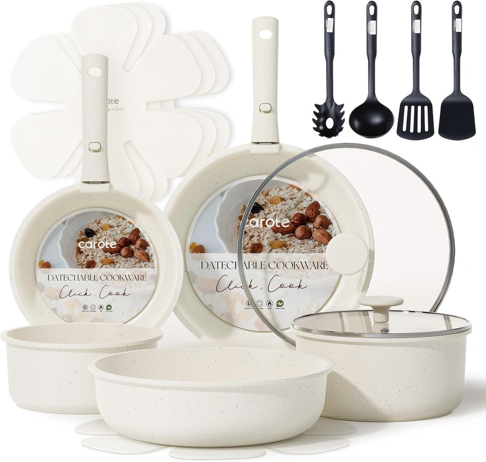 17Pcs Pots and Pans Set, Nonstick Cookware Set Detachable Handle, Induction Kitc
