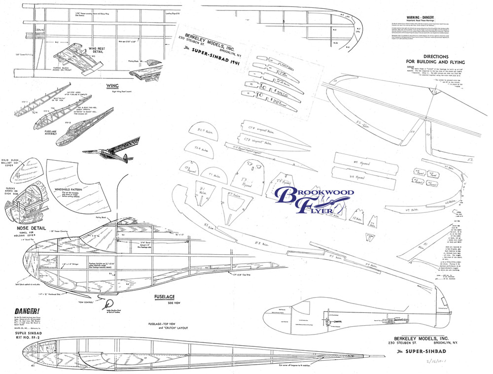 Berkeley SUPER SINBAD PLAN & PARTS PATTERNS For a 62" Rudder RC Model Airplane