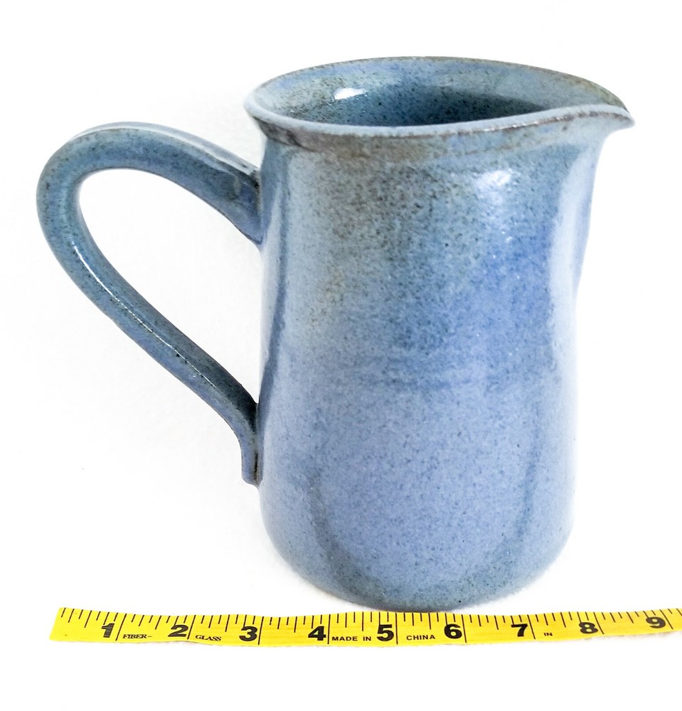 Pottery Pitcher 7" Blue Clay Pitcher Hand Made Pitcher Large Handle Signed
