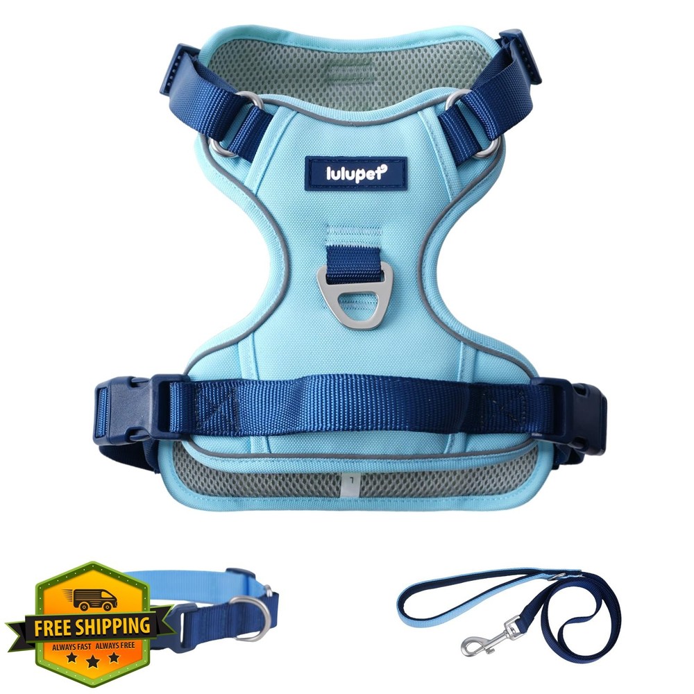 3-in-1 No Pull Dog Harness Leash Collar Blue Medium Reflective