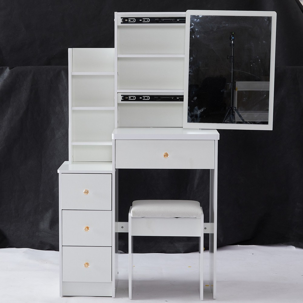 29.2" Small Space Left Bedside Cabinet Vanity Table + Cushioned Stool, Extra Lar