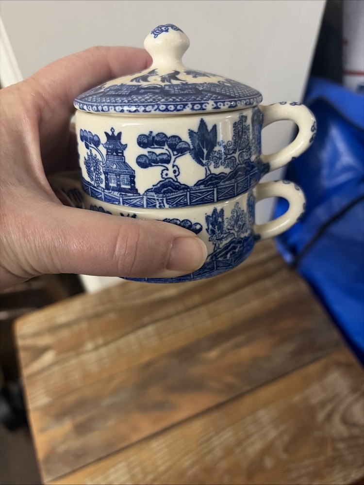 Vintage Stackable Creamer And Sugar Bowl Blue Pattern Unmarked