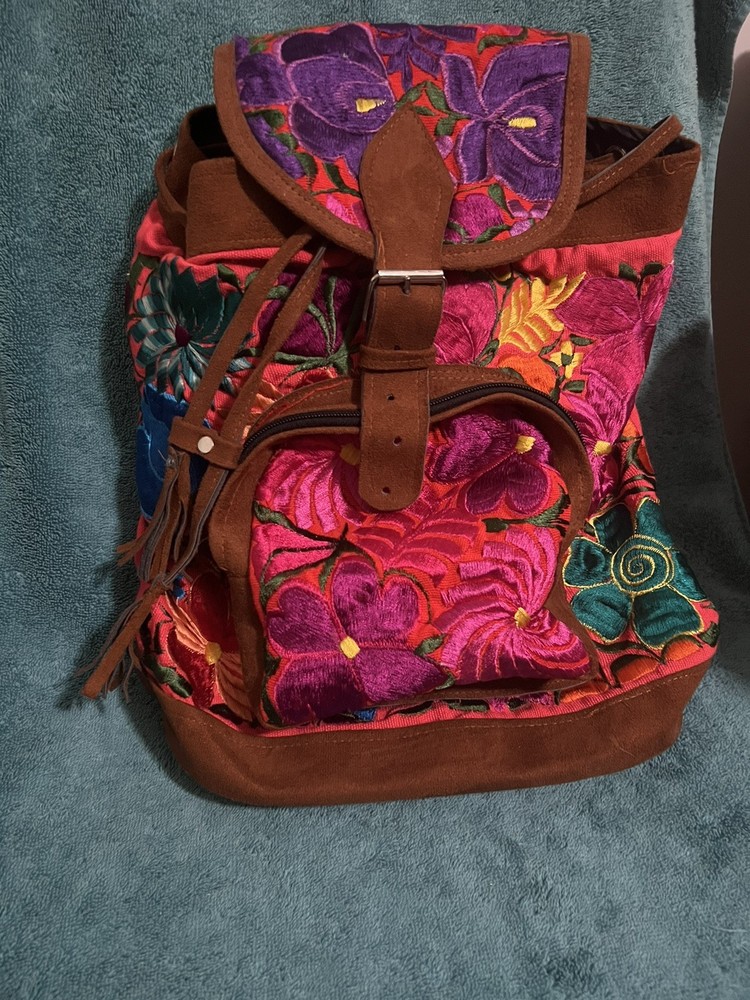 Vtg Suede Embroidered Backpack Floral Guatemala