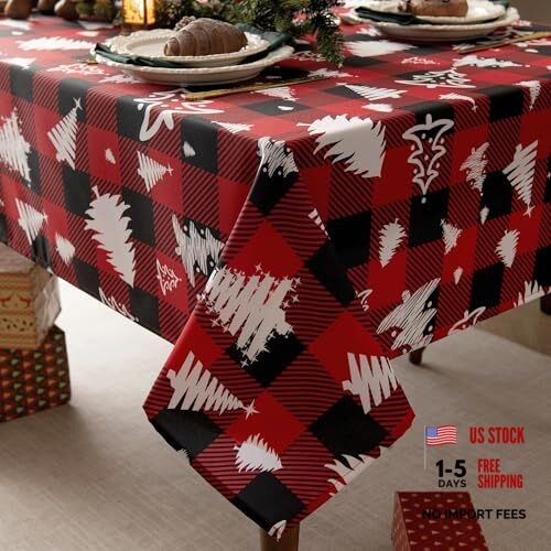 Waterproof Checkered Tablecloth Fabric - 84" x 58" (Rectangular) White Tree Red