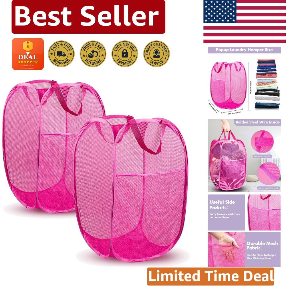 Compact Pink Mesh Laundry Hamper Set - Effortless Organizing for Any Setting