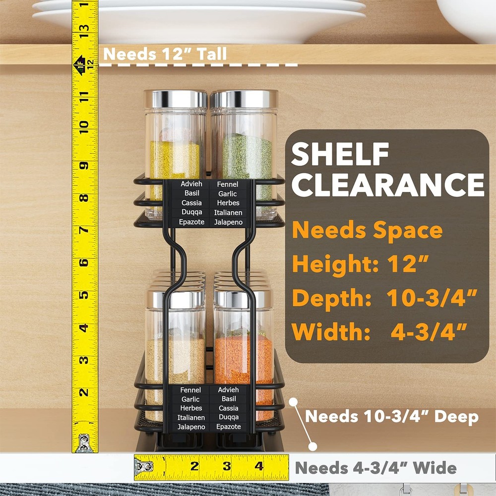SpaceAid Pull Out Spice Rack Organizer for 4.5"W, 2-Tier, Black, Black