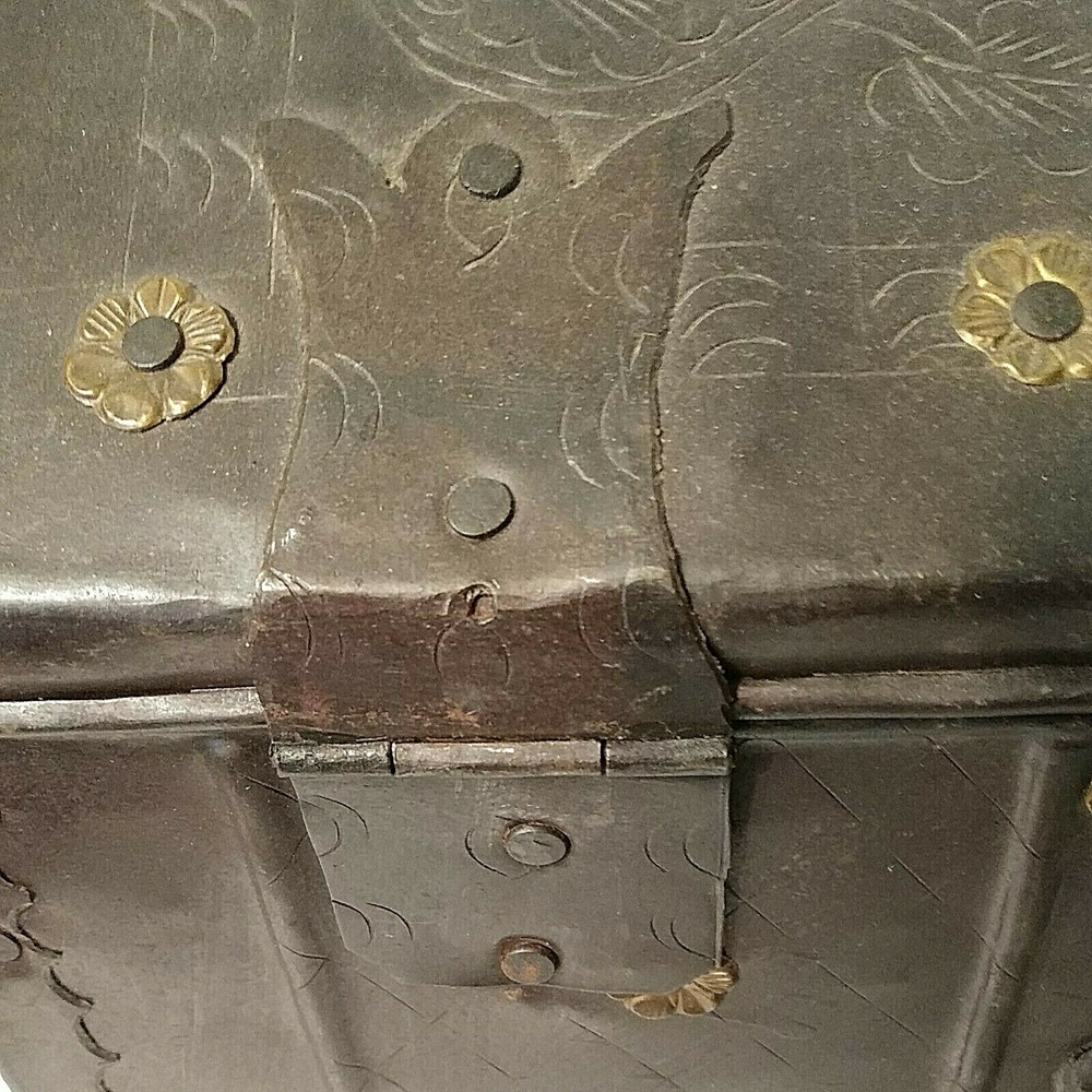 Vintage Metal Document Chest Box w/ Applied Brass Rosettes & Primitive Etching