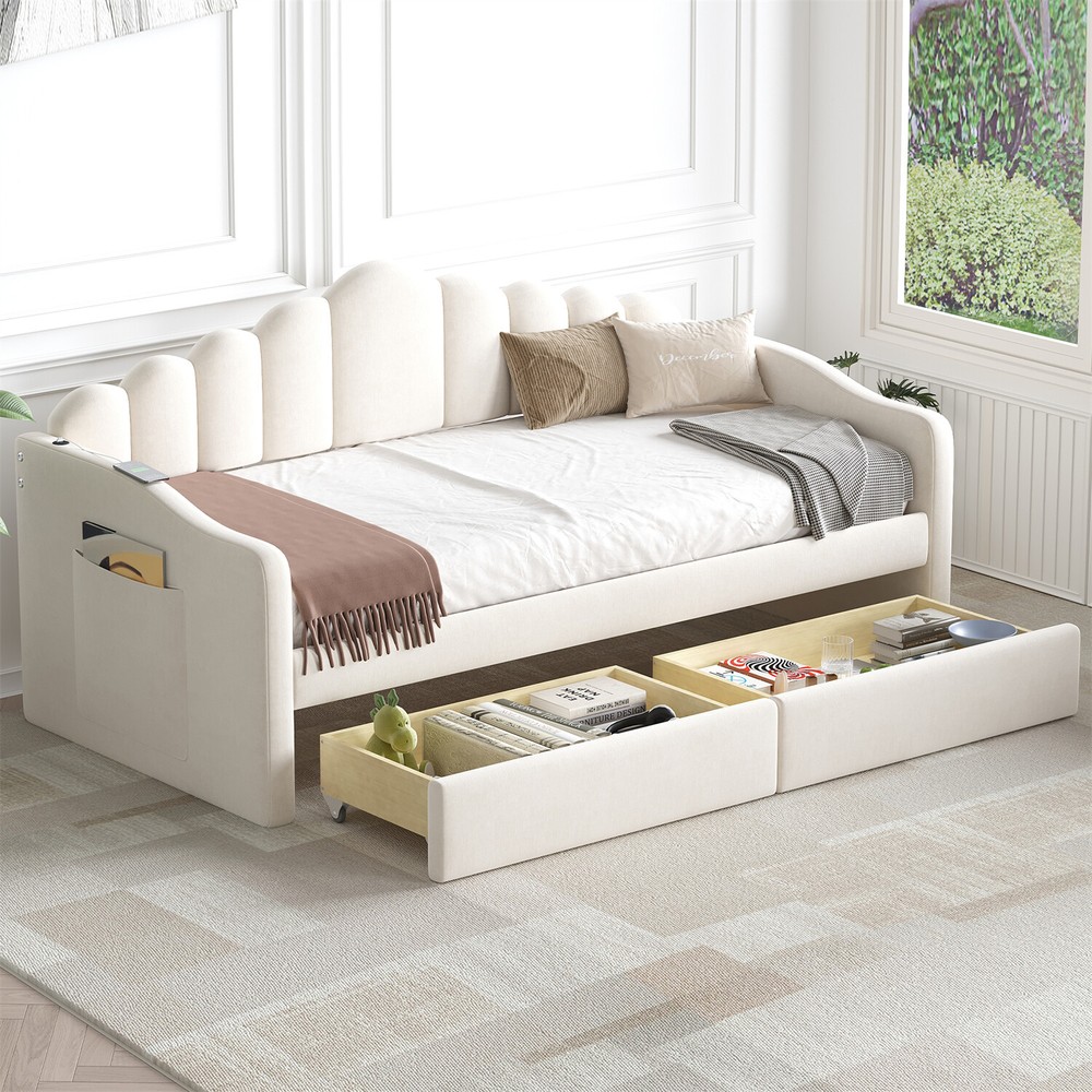 Twin Size Daybed Upholstered Bed Frame Sofa Bed with 2 Drawers Beige/Gray/Pink