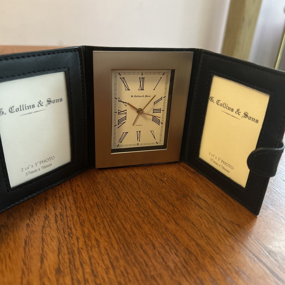 G. Collins & Sons Folding Travel Clock & Double Photo Frame - New/Unused