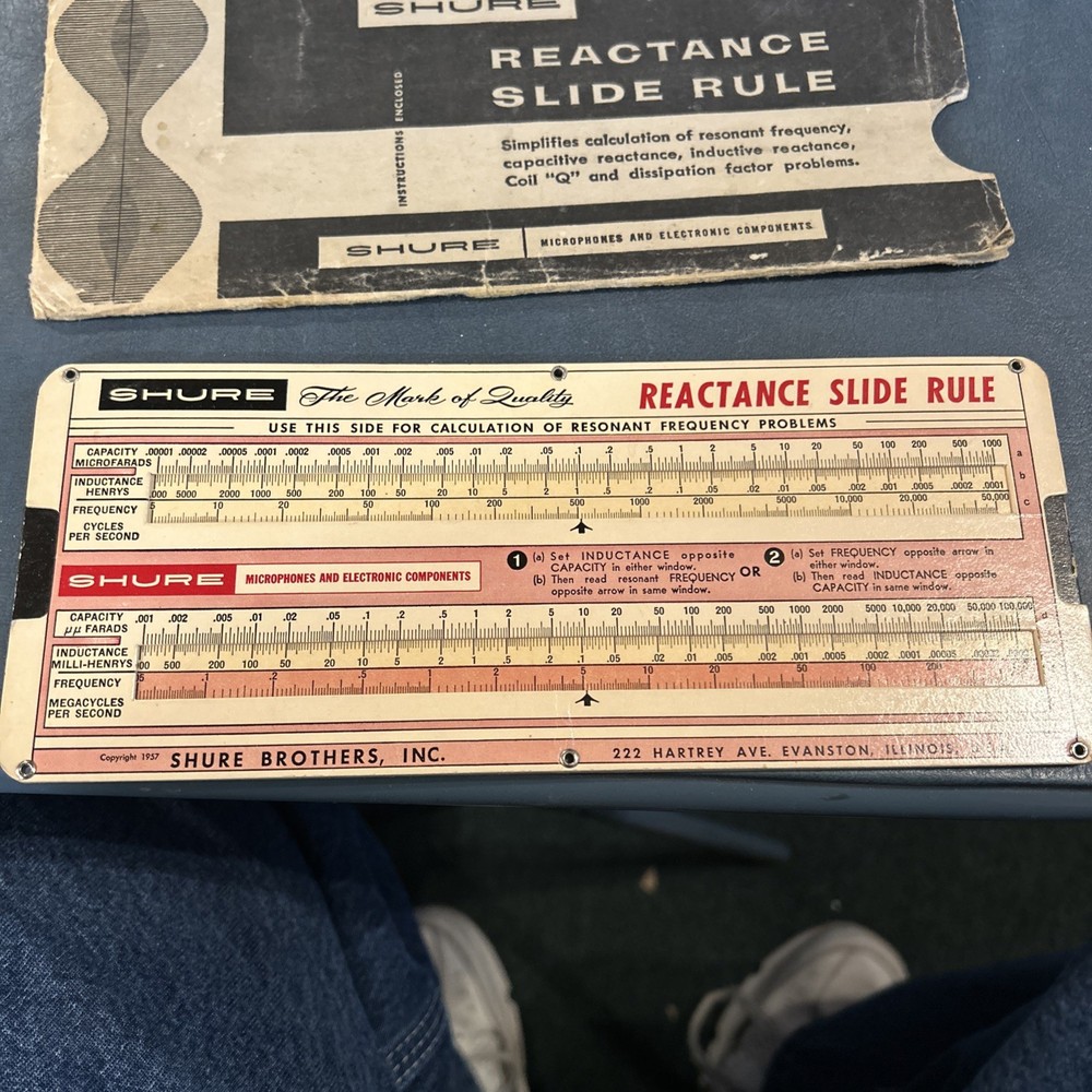 SHURE REACTANCE SLIDE RULE Calculator Paper Slide Rule w INSTRUCTIONS & ENVELOPE