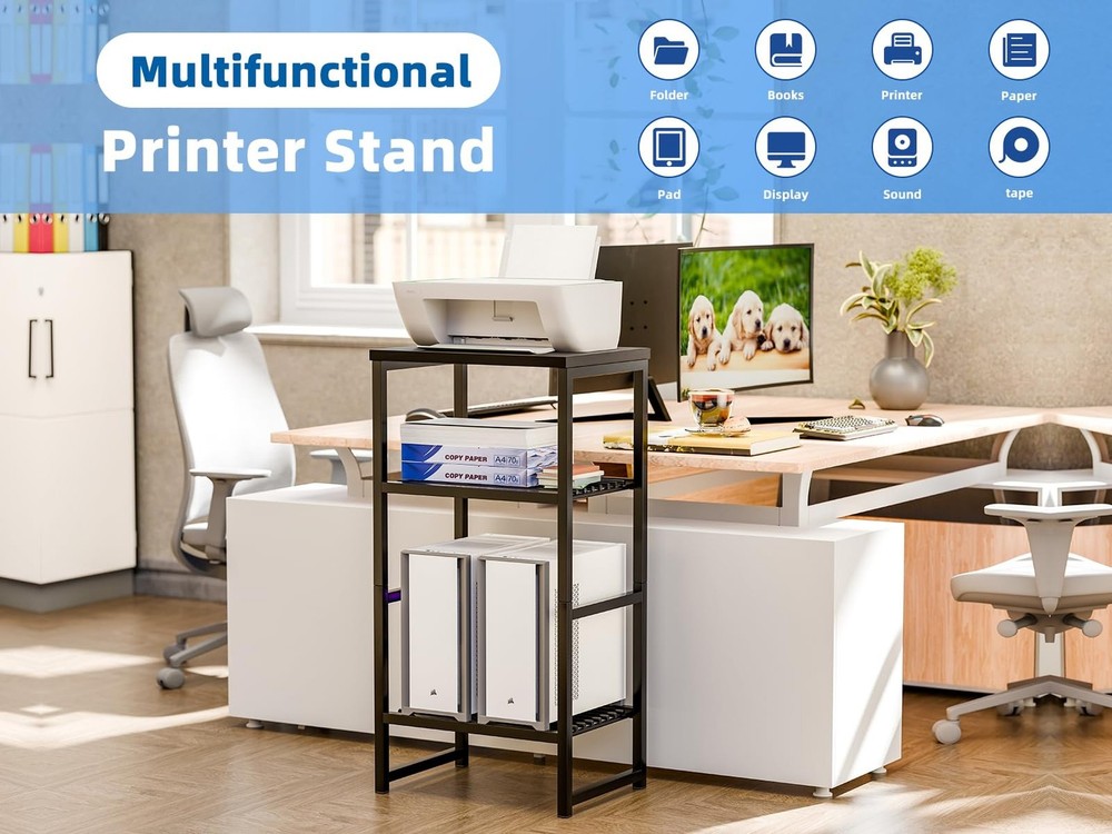 3 Tier Metal Printer Stand Shelf, Black Side Table for Printer, Fax Marchine