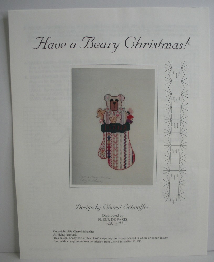 Charted Needlepoint Pattern Bear Mitten Christmas Cheryl Schaeffer 1996