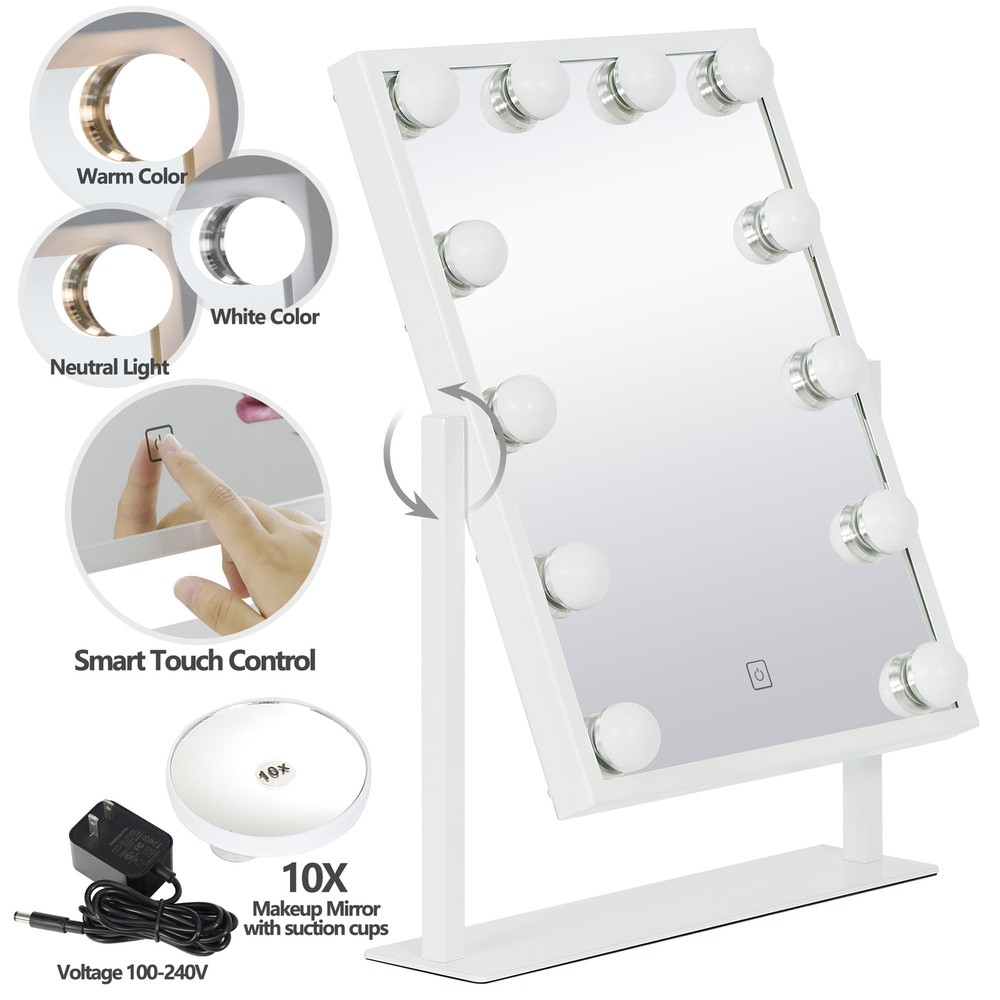 Hollywood Table Top Makeup Mirror Vanity Mirror with 12 LED Dimmable Bulb
