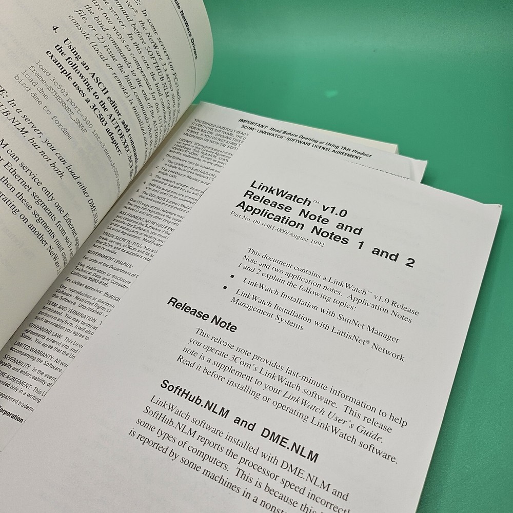 3COM LinkWatch Vintage User's Guide Software Booklet And Insert 1992 VG+ RARE