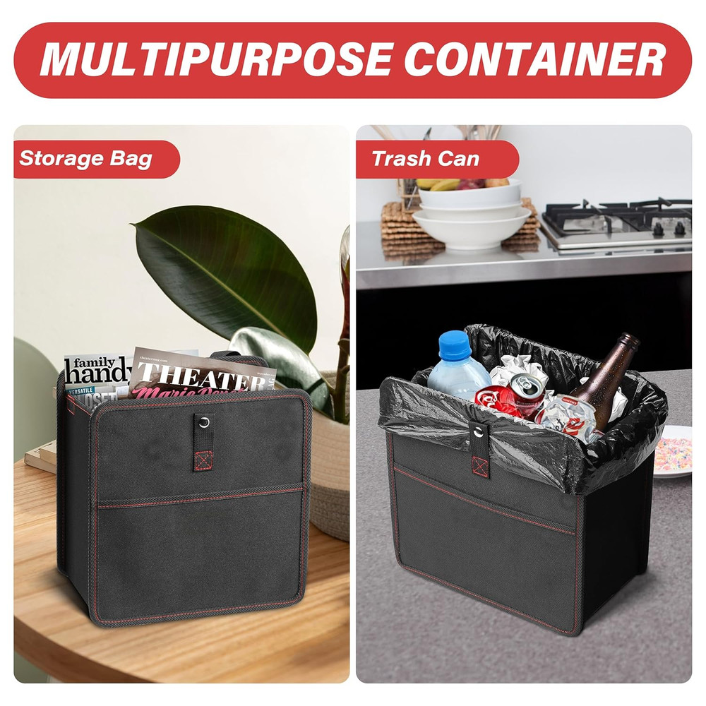 Foldable Car Trash Can with Storage Pockets, Car Garbage Can with Adjustable Str
