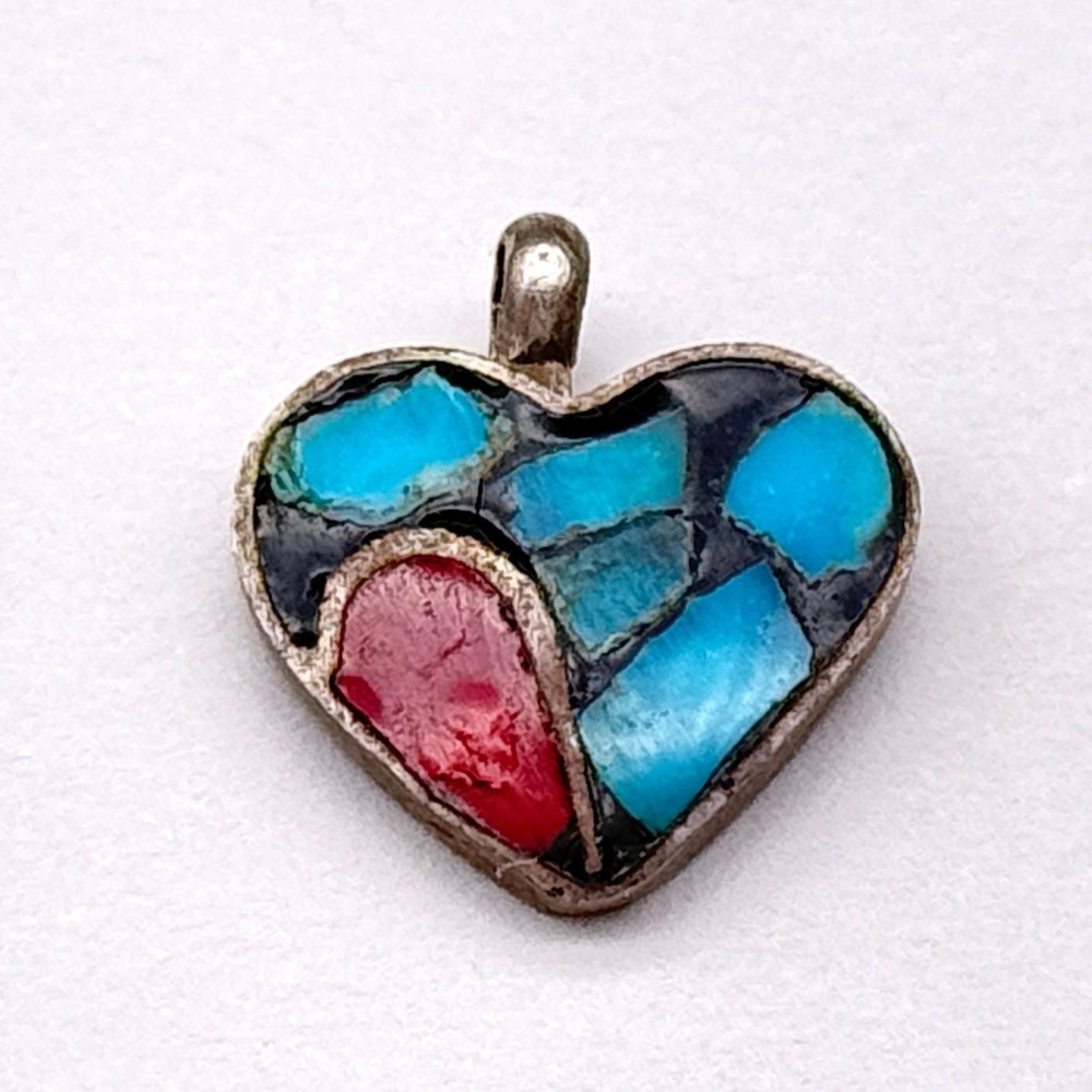 Tiny Vintage Southwestern Turquoise Heart Silver Charm
