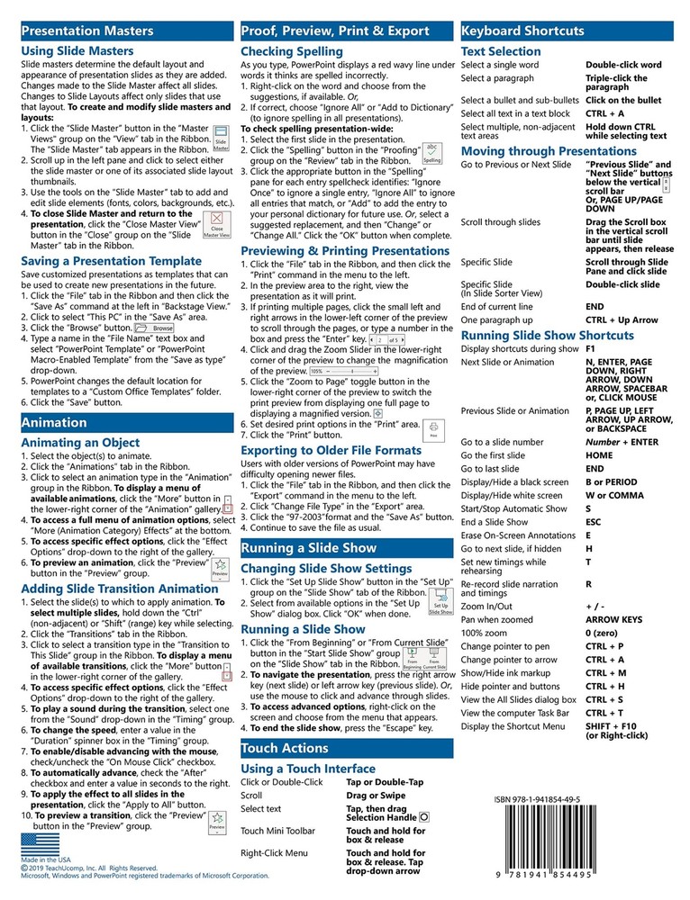PowerPoint 2019 Introductory Training Guide Quick Reference 4 Page Cheat Sheet