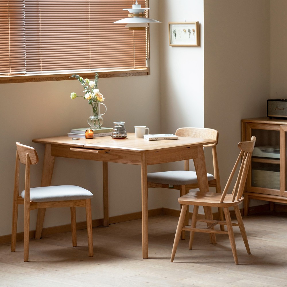 Natural Solid Oak Round Corner Diagonal Leg Telescopic Table Extending Dining