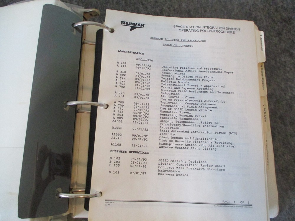 NASA GRUMMAN SPACE SHUTTLE SPACE STATION INTEGRATION DIVISION OPERATING POLICY