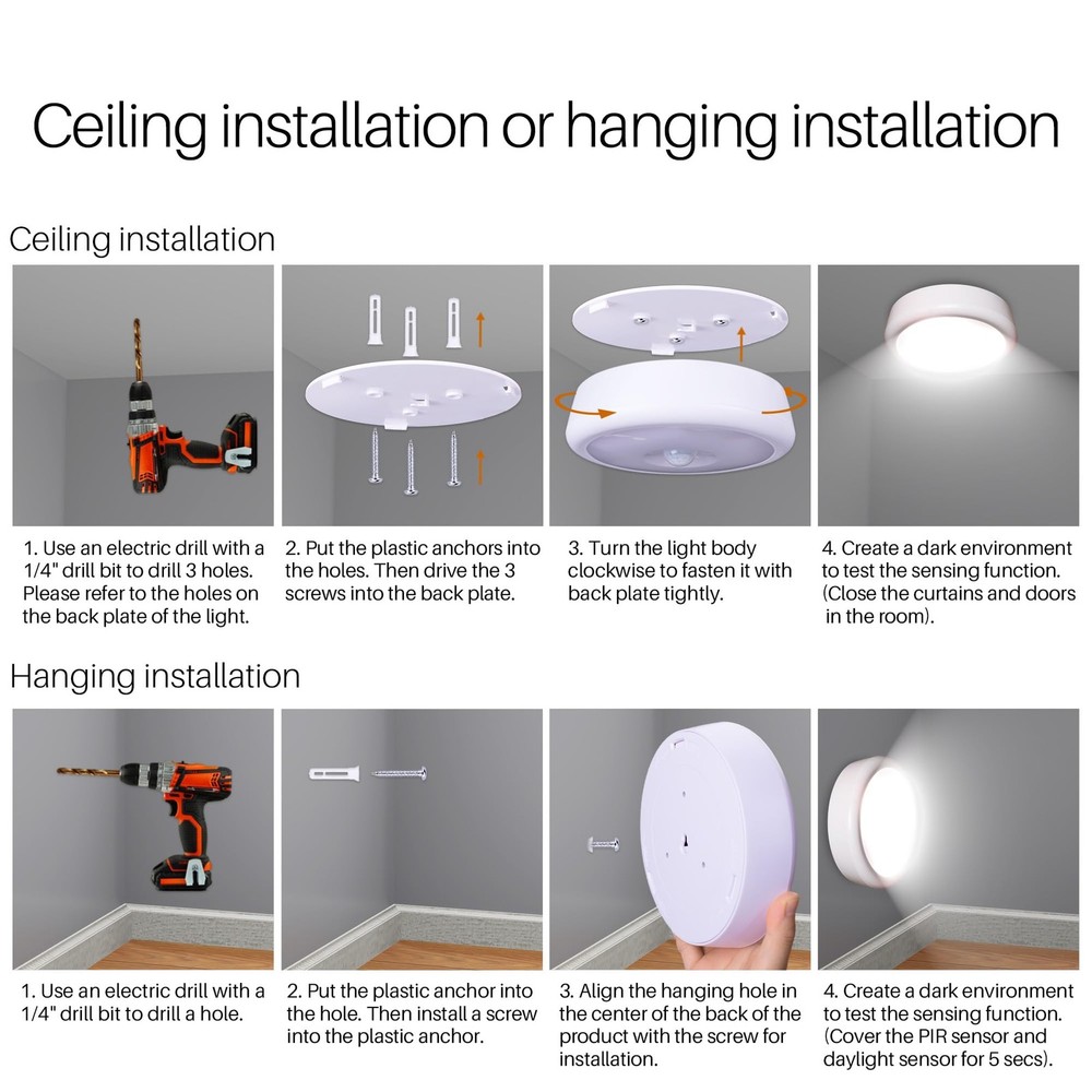 6.3” Motion Sensor Ceiling Light Indoor AA or D-Cell Battery Operated for Hal...