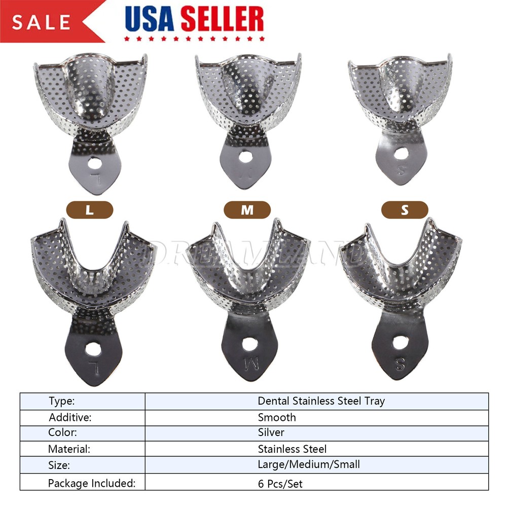 6 Metal Dental Impression Trays set Perforated Upper & Lower Denture Instruments